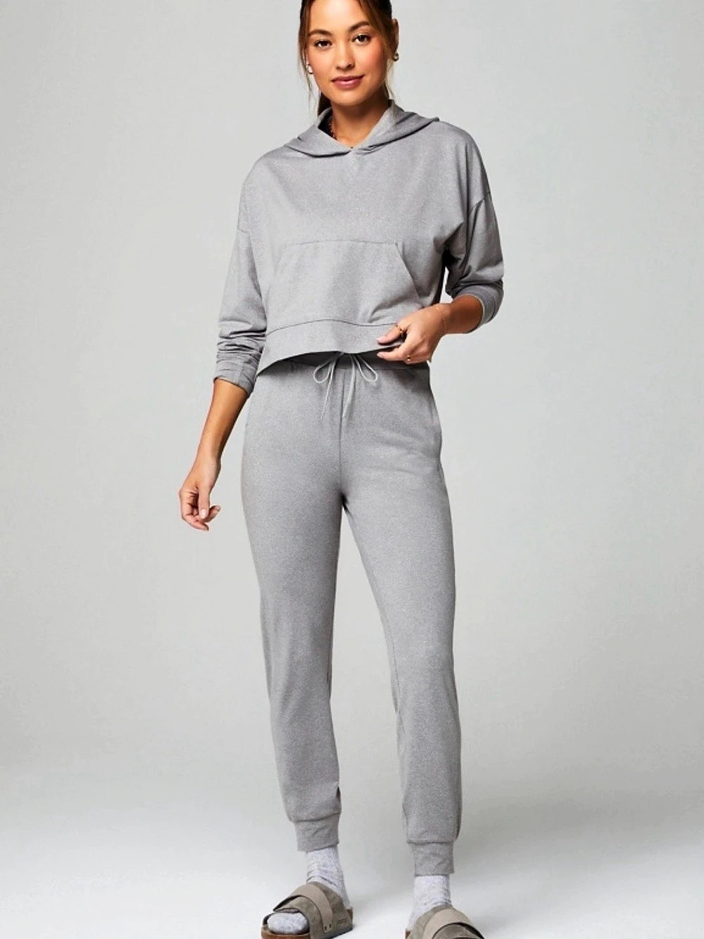 Fabletics Cloud Jersey Cropped Hoodie Jogger Set Gray Size Small
